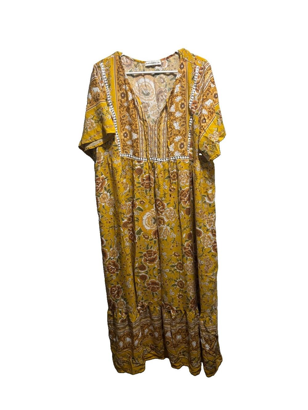 Rusttydustty Women’s 3XL Mustard Floral Boho Midi Dress V-Neck Short Sleeve